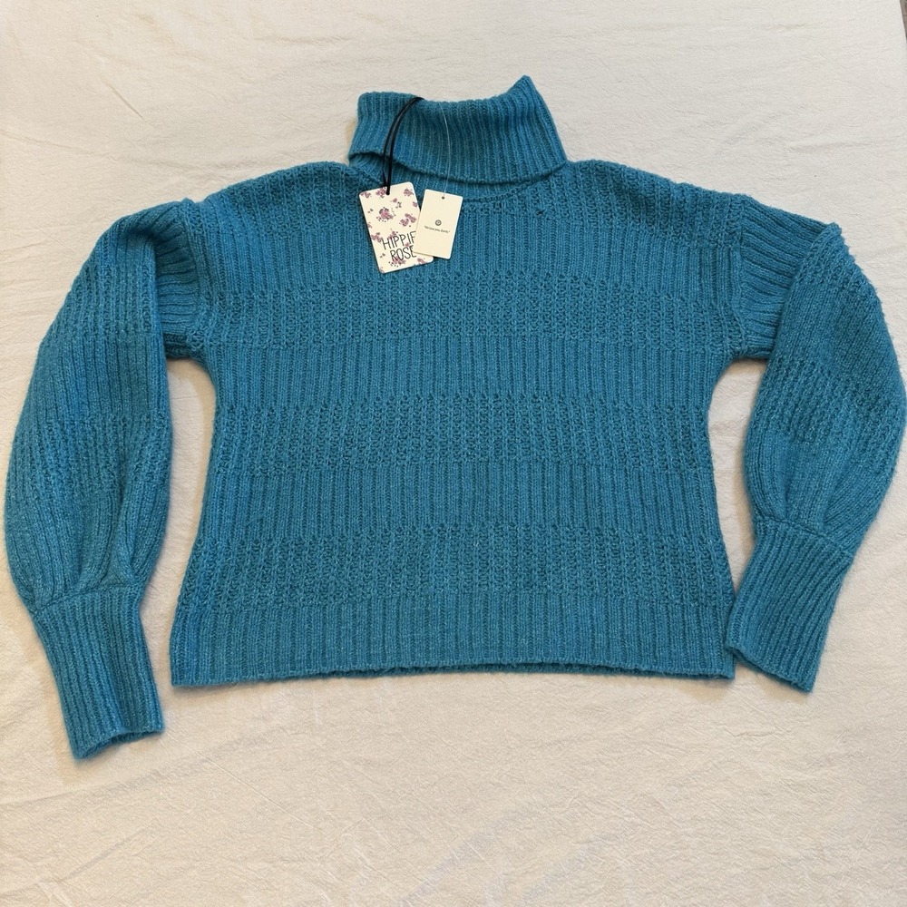 Hippie RoseBlue Ribbed Turtleneck Sweater NWT Boho Knit Balloon Sleeve Cozy